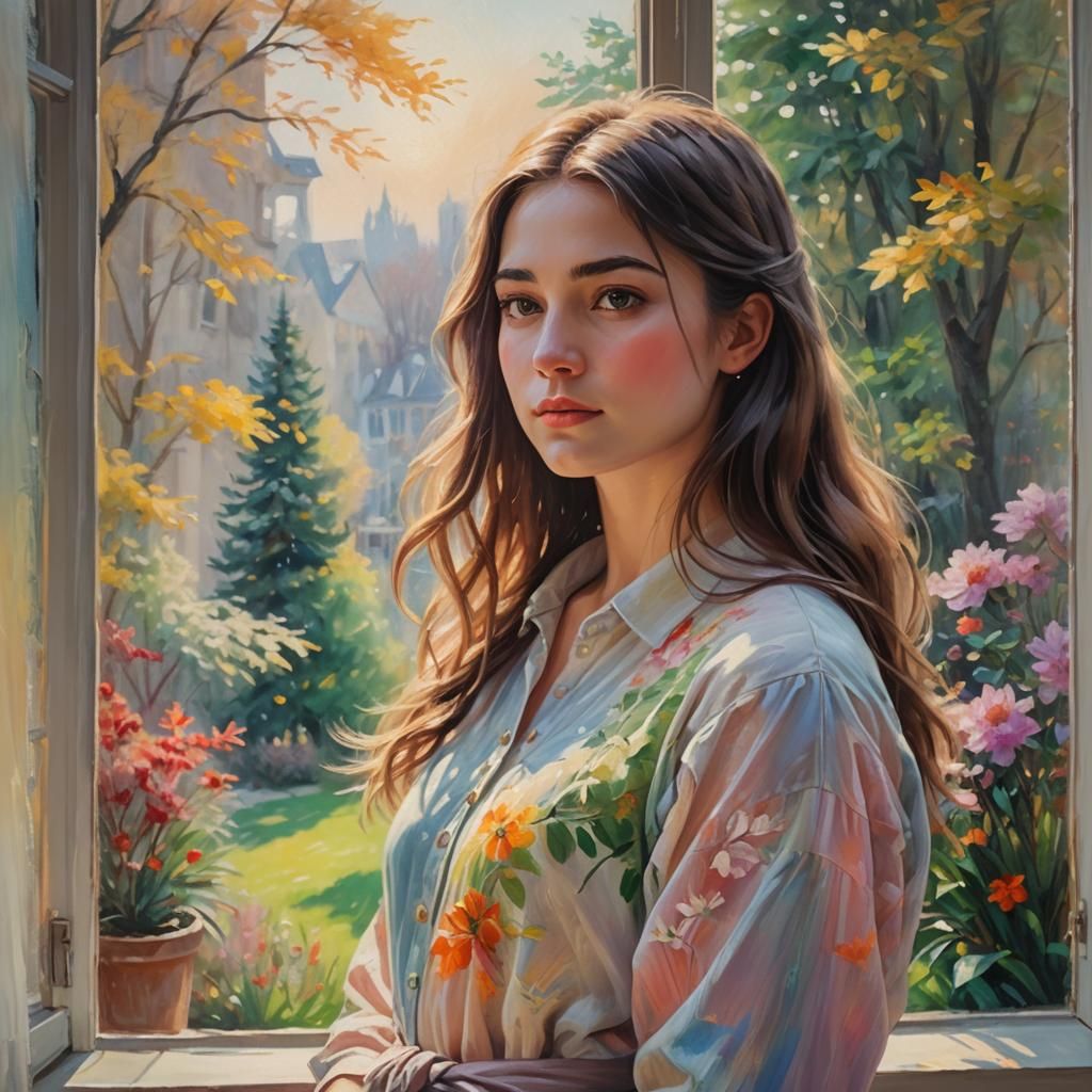 Girl at Four Seasons Window: Impressionist Oil Painting