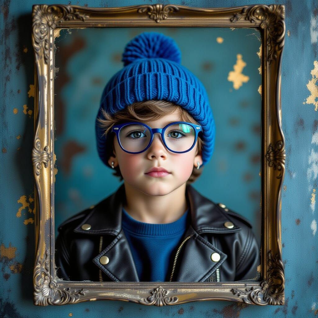 Boy with Glasses in Blue Monochrome Portrait