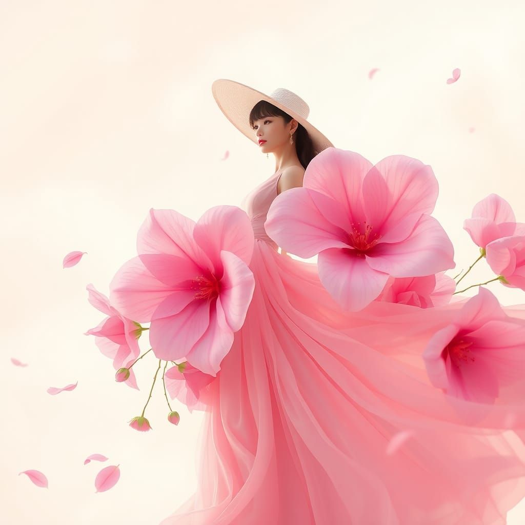 Elegant Woman in Pink Sky Dress, Anime Style