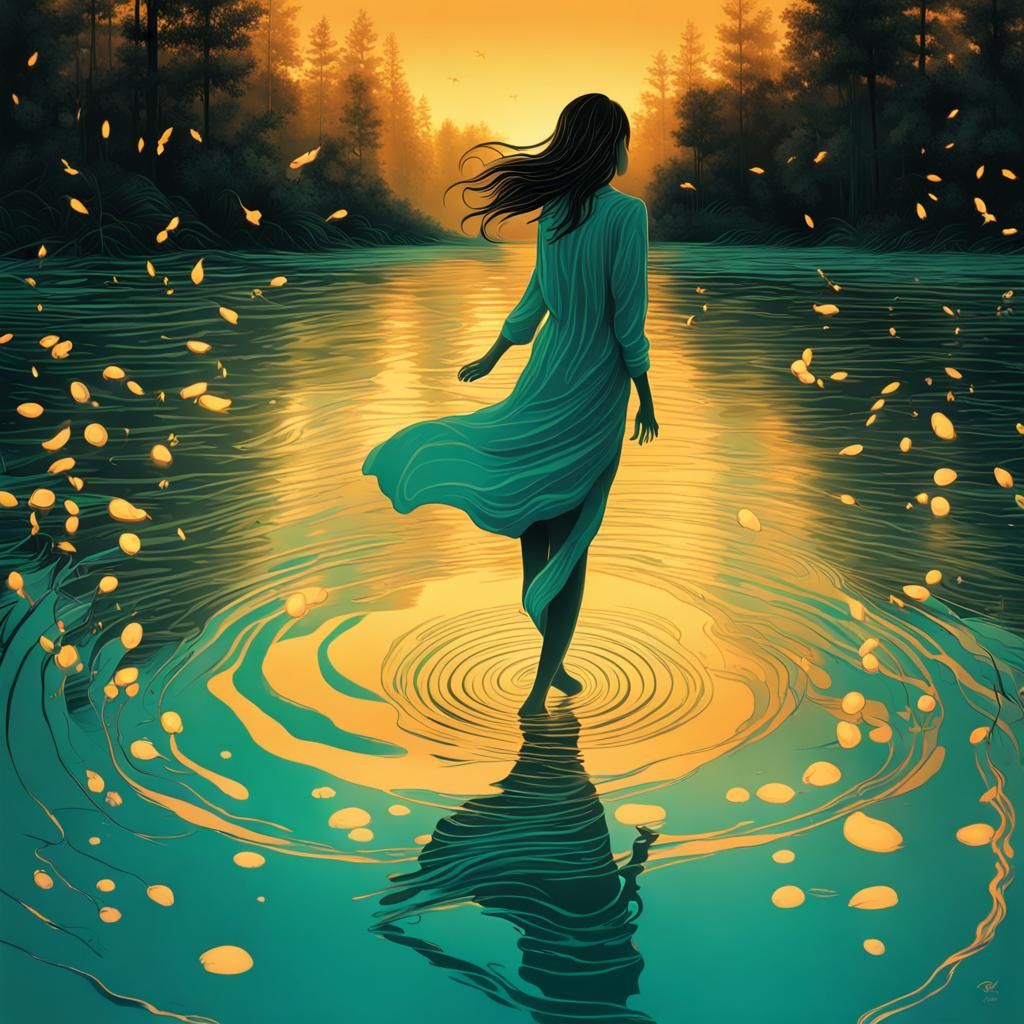 Woman in Teal River at Dusk with Fireflies