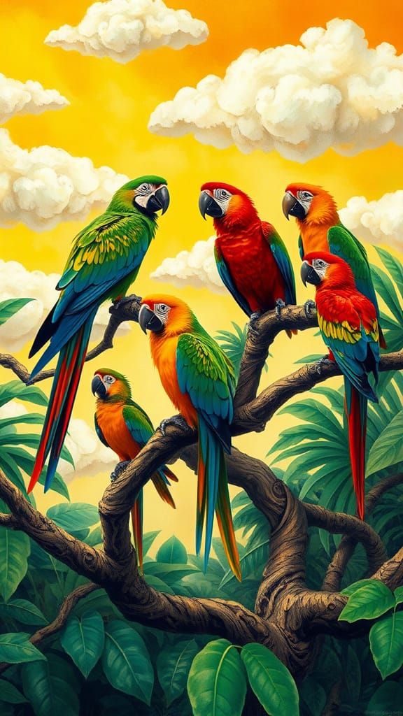Parrots Perched on a Tropical Jungle Tree