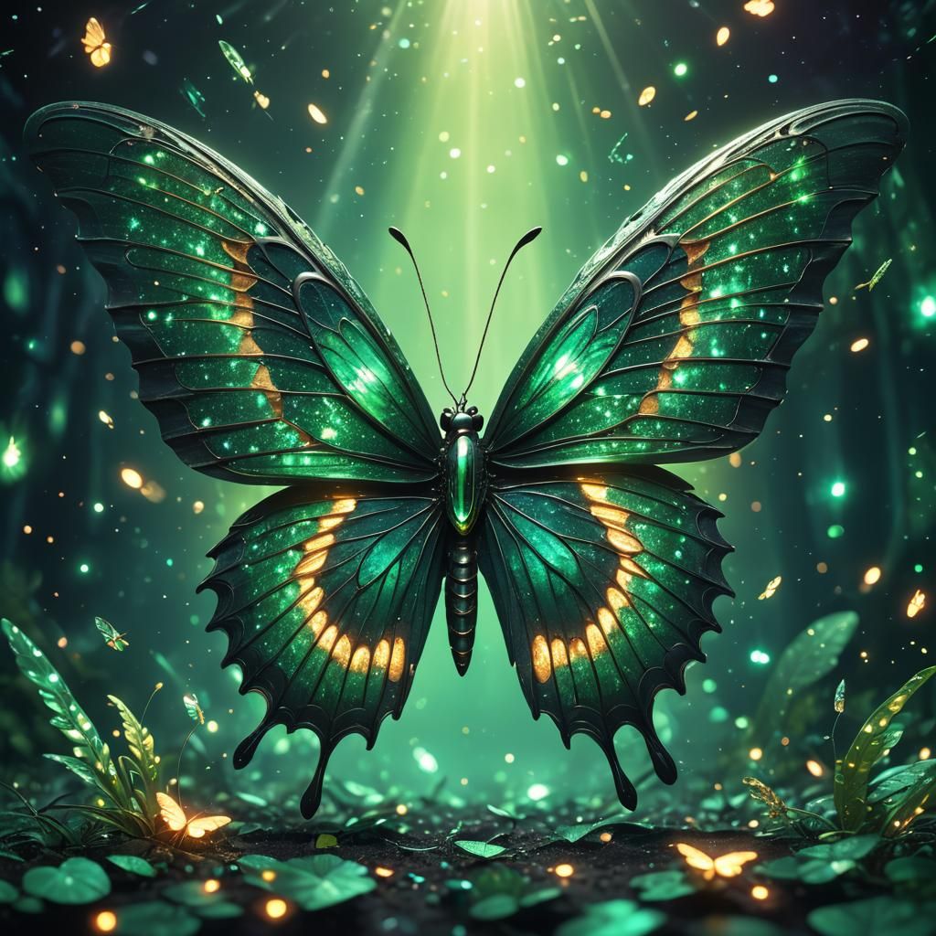 Mystical Emerald Butterfly in Dark Night: 3D Digital Art
