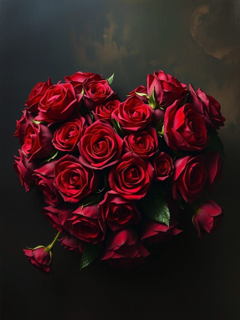 A giant heart shape filled with roses, with a velvet texture, dark crimson