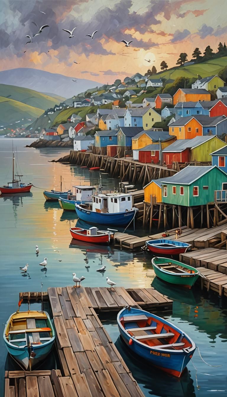 Tranquil Coastal Village with Fishing Boats as Oil Painting