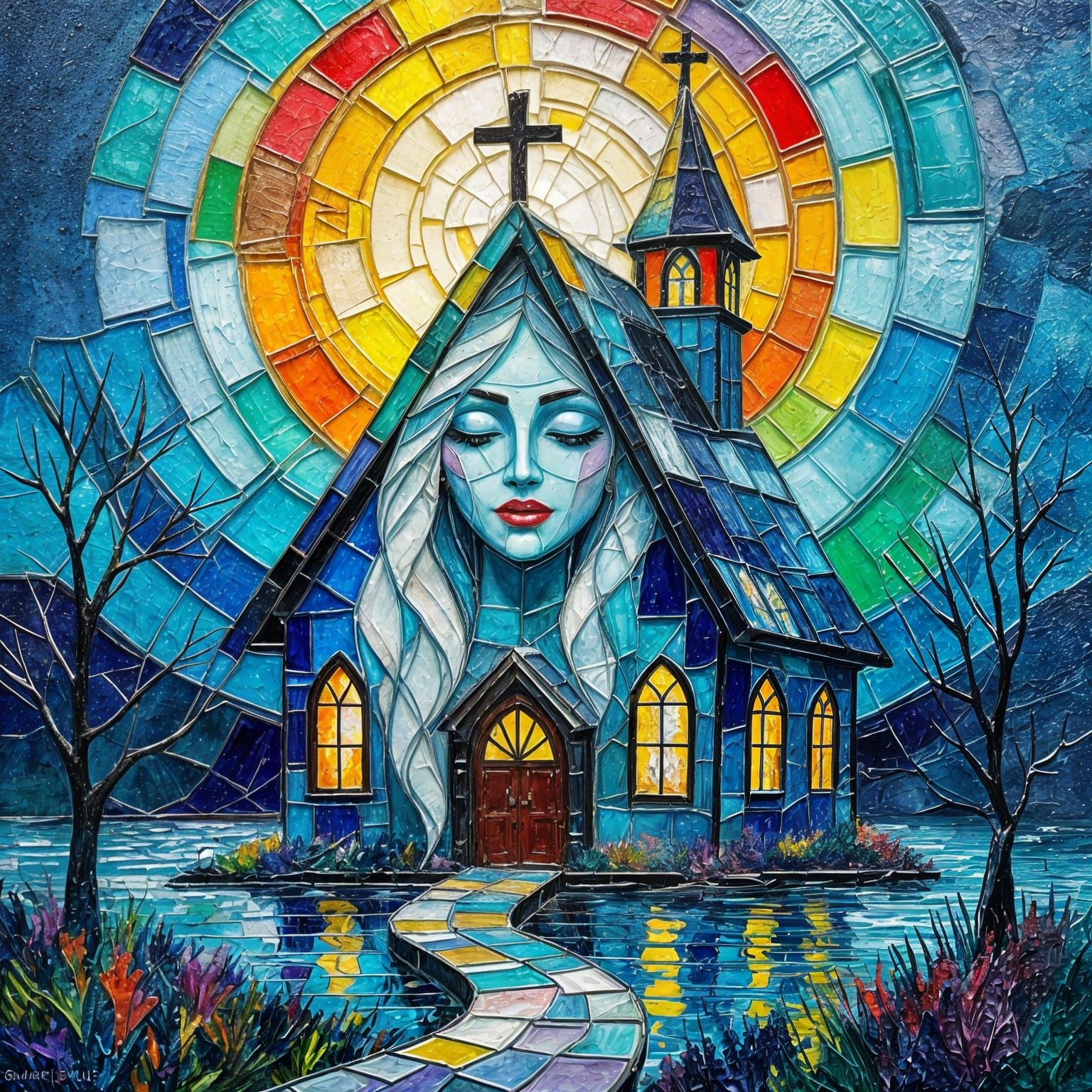 Viking Goddess Sea Glass Church in Neo-Impressionist Style