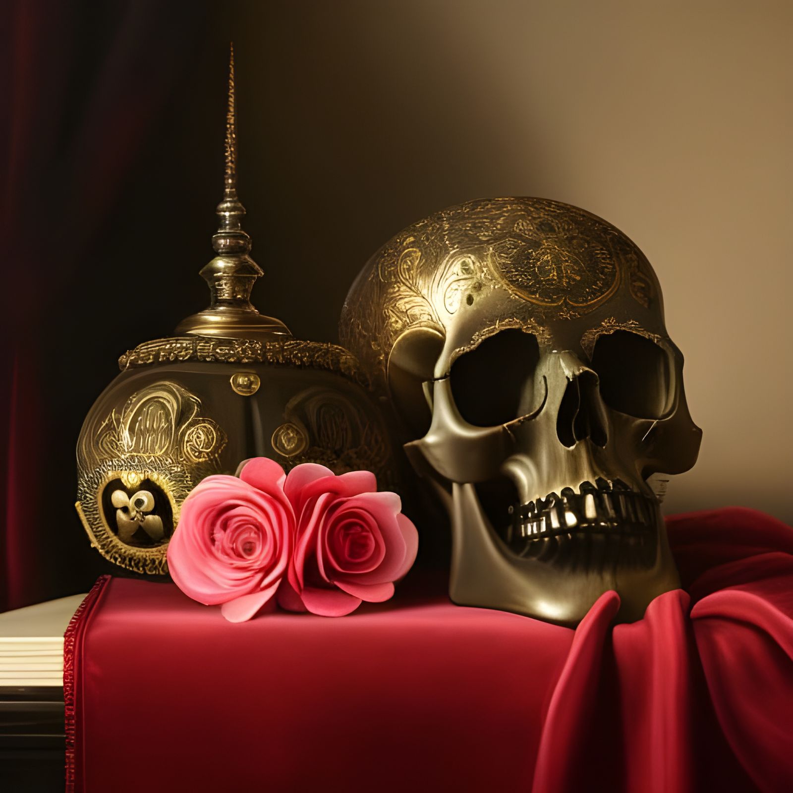 Gothic Baroque Still Life with Skull and Rose