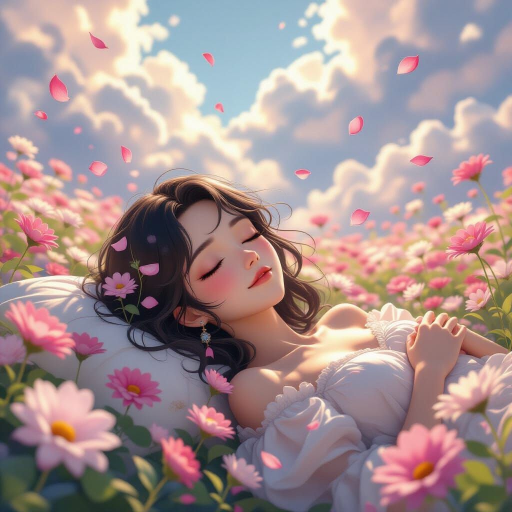 Peaceful Surreal Character Rests Among Blooming Flowers