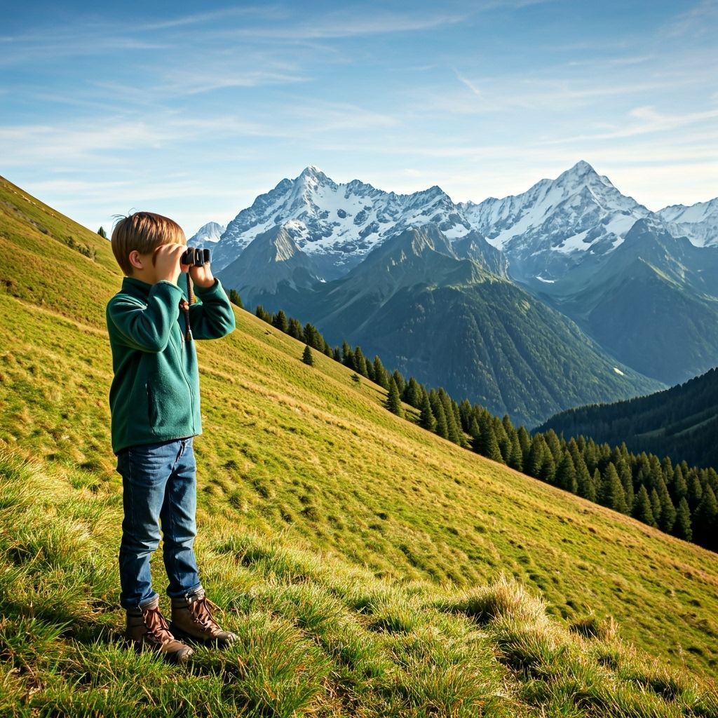 Boy Gazes at Snowy Peaks, Atmospheric Landscape
