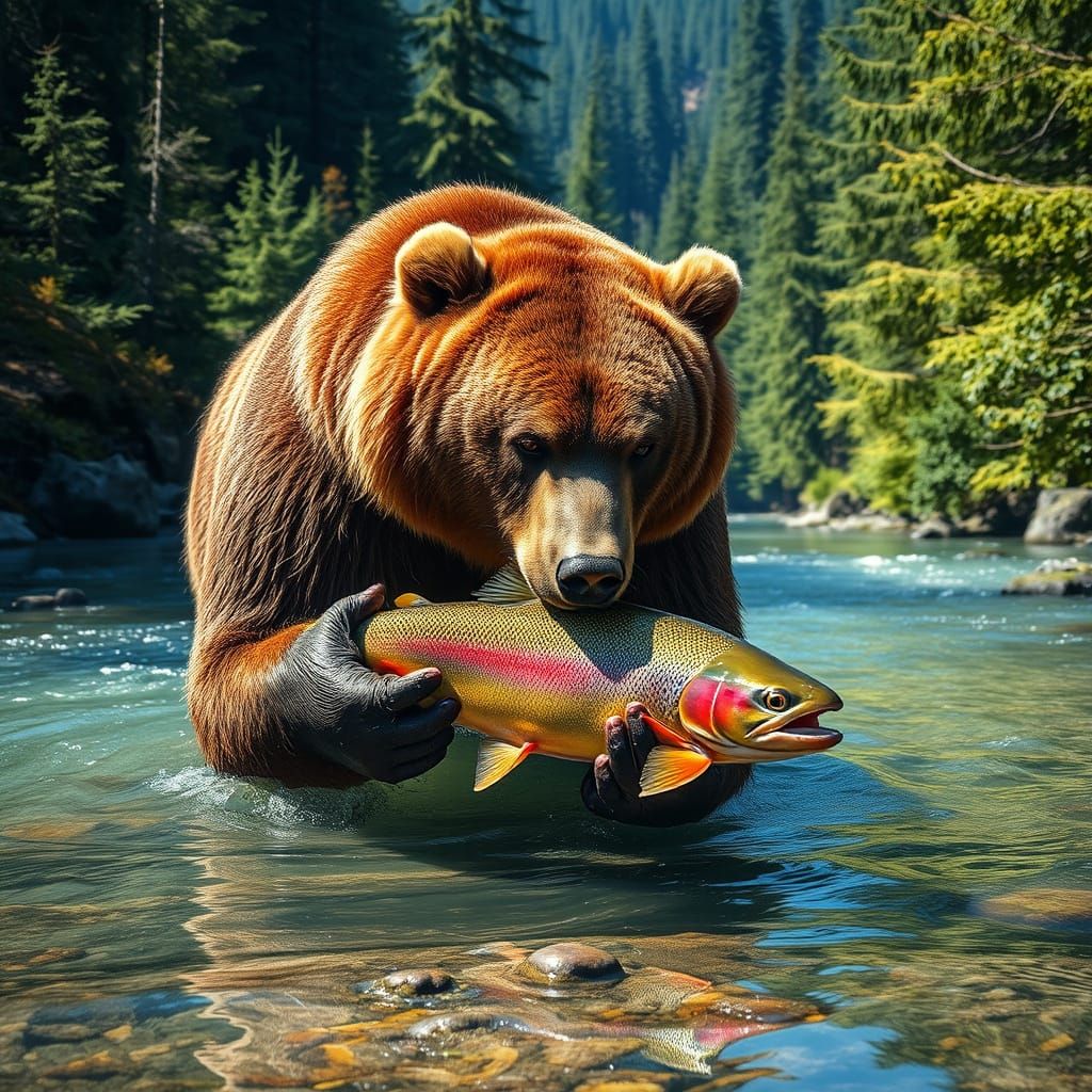 Grizzly Bear in River with Fish: Hyperrealistic Wildlife