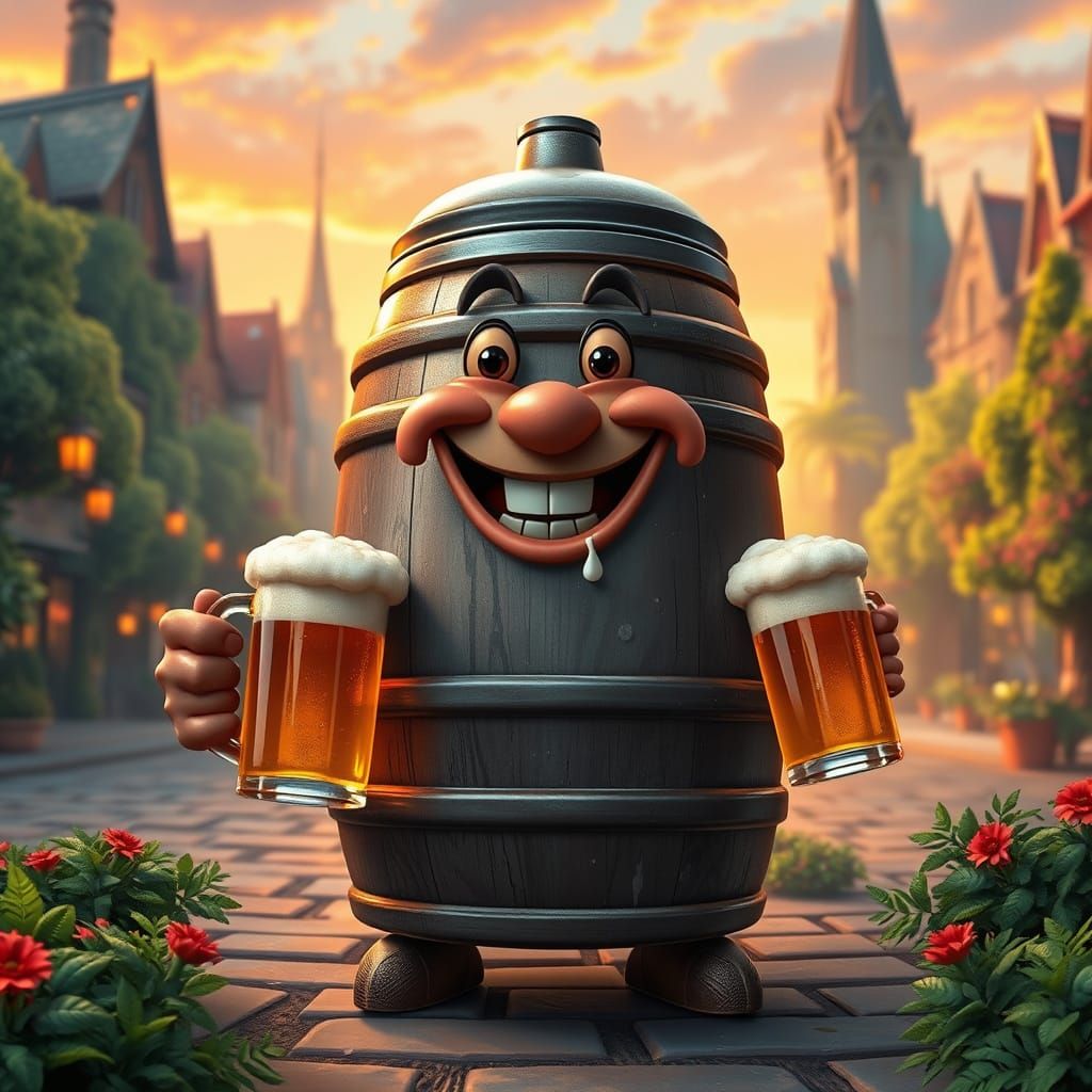 Smiling Beer Keg with Mugs in Whimsical City Square at Sunse...