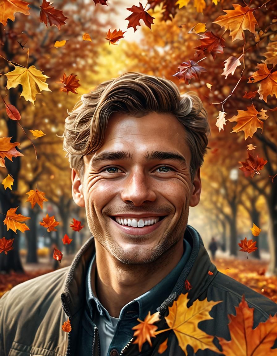 Smiling Man in Autumn Leaves: Hyperrealistic Splash Art
