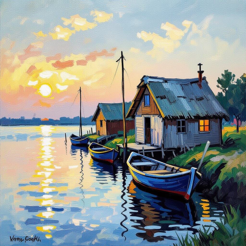 Fishing Huts in Evening Light as Watercolor