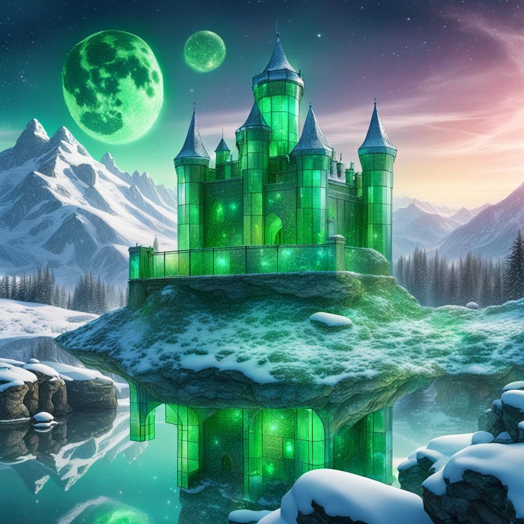 Green Glass Castle in Snowy Landscape: Astral Illustration