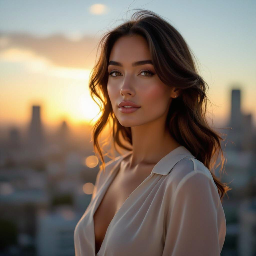 Confident Woman in Cinematic Cityscape at Golden Hour