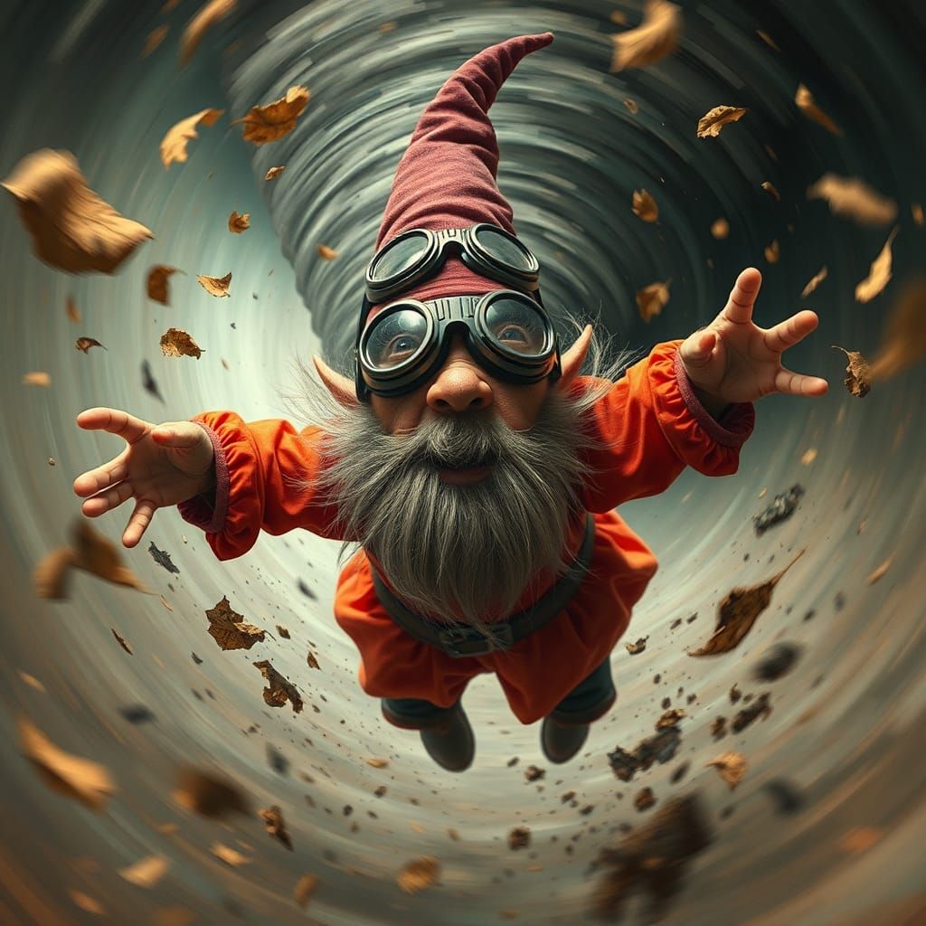 Gnome Swept Up in Tornado, in Modern Art Style