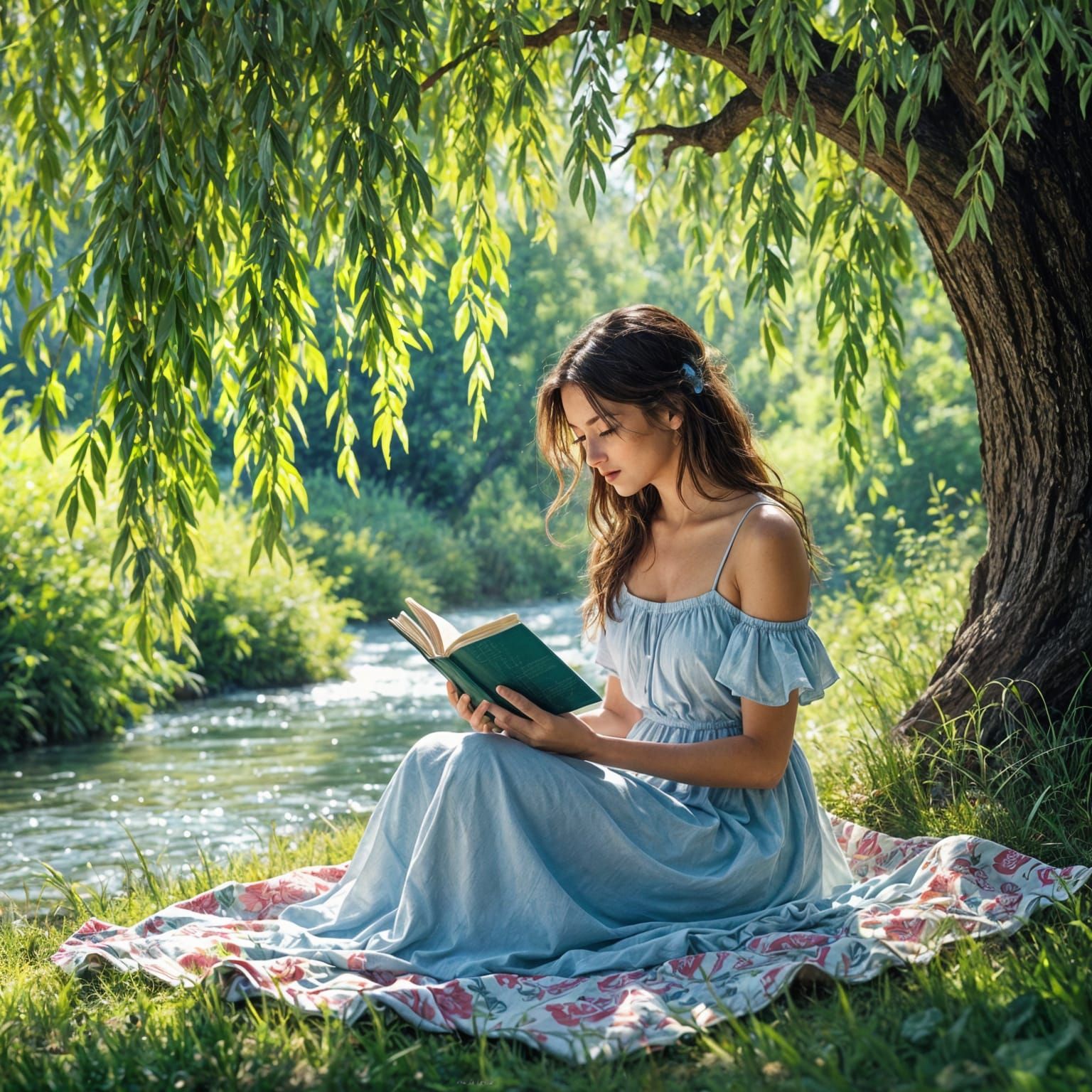 Young Woman Reads by Stream Under Willow Tree