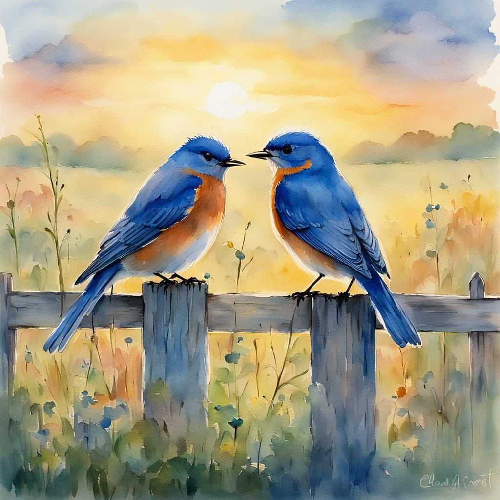 Bluebirds on Fence in Impressionistic Watercolor