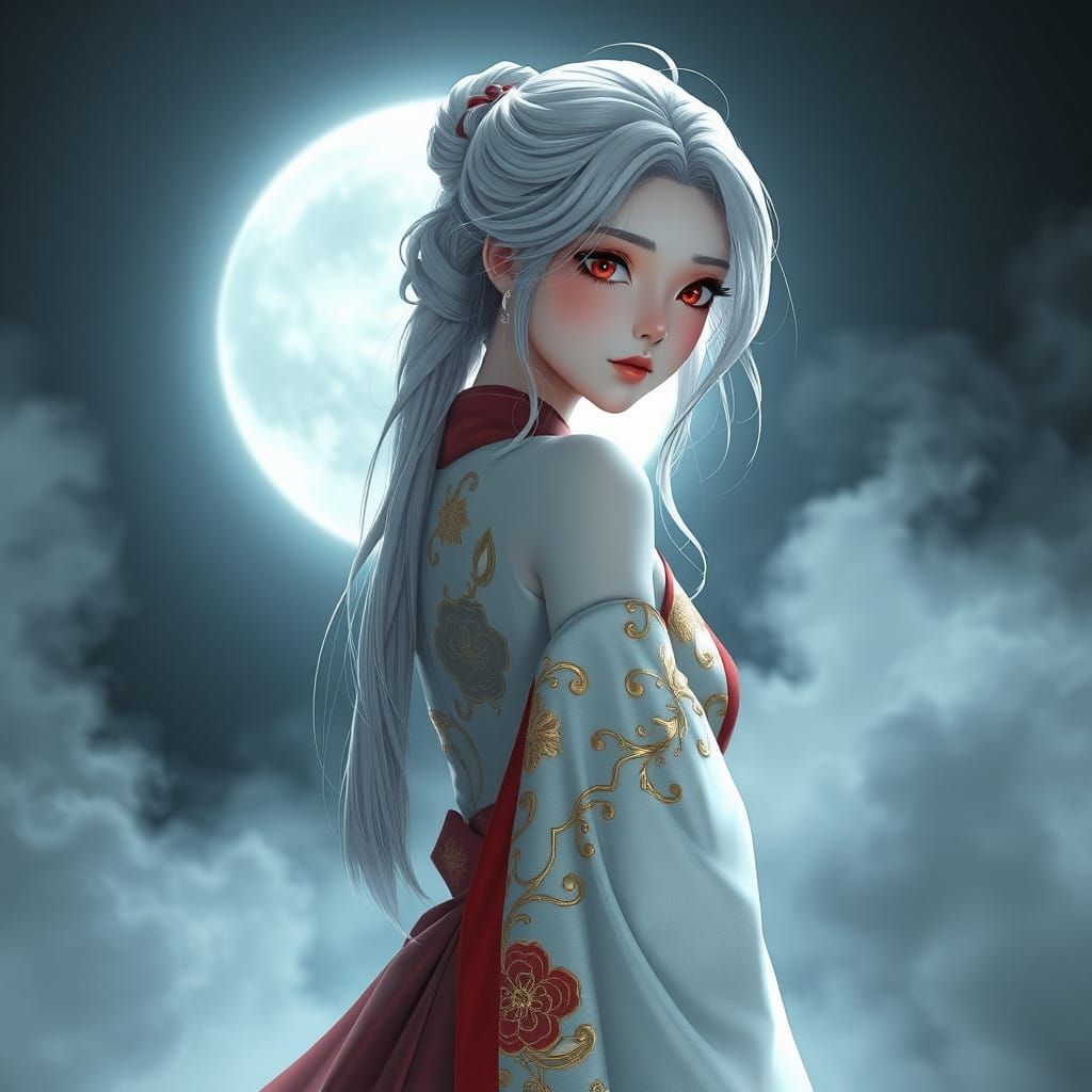 Ethereal Japanese Maiden in Moonlit Kimono