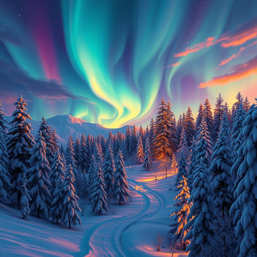 Surreal Forest Landscape Illuminated by Vibrant Aurora Borea...