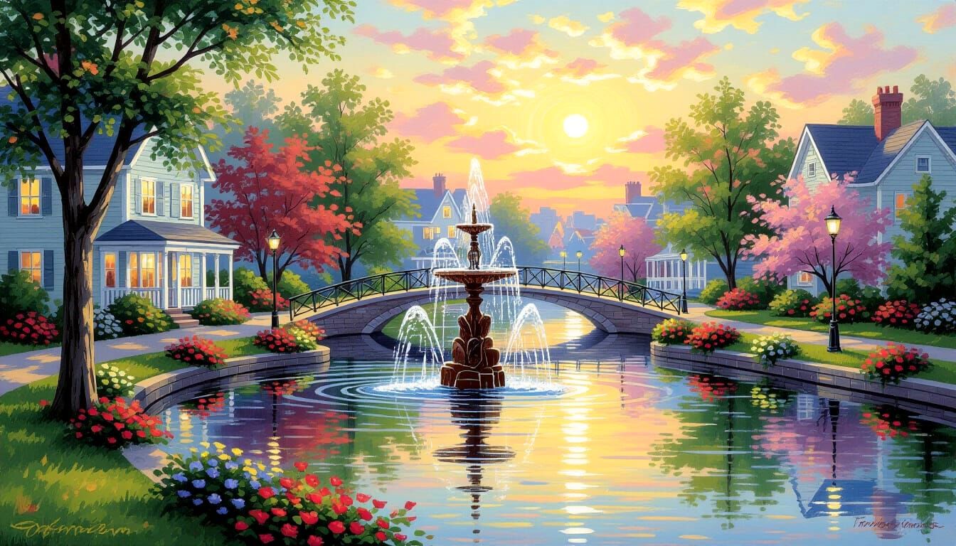 Spring City Neighborhood with Fountain, Watercolor Oil Paint...