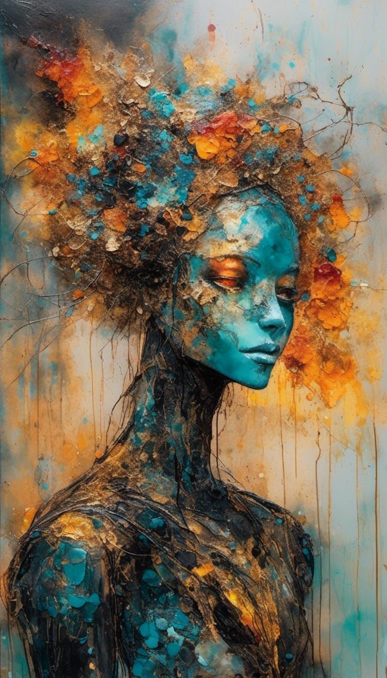 Harmonic Robot with Flame Bouquet in Alcohol Inks