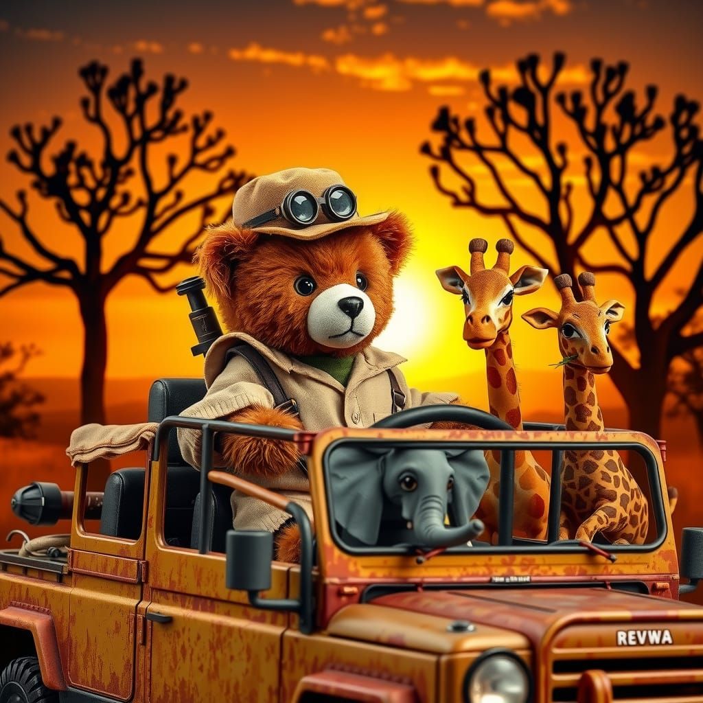 Adventurous teddy bear wearing a safari hat and binoculars, ...