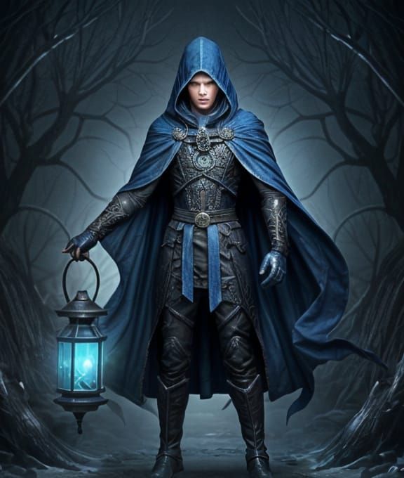 Blue Cloaked Wraith with Lantern, Gothic Character Art