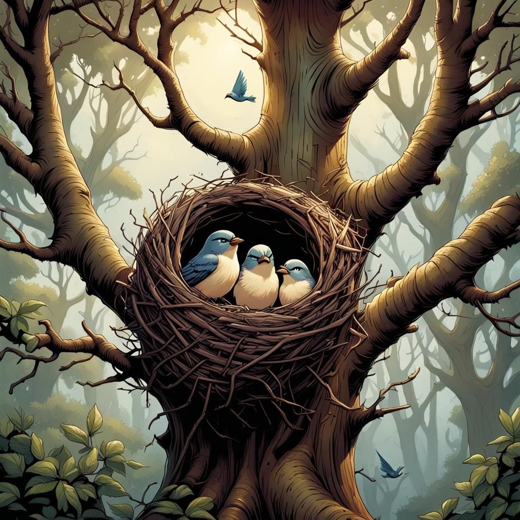 Cute Birds Nesting in a Tree, Comic Book Art