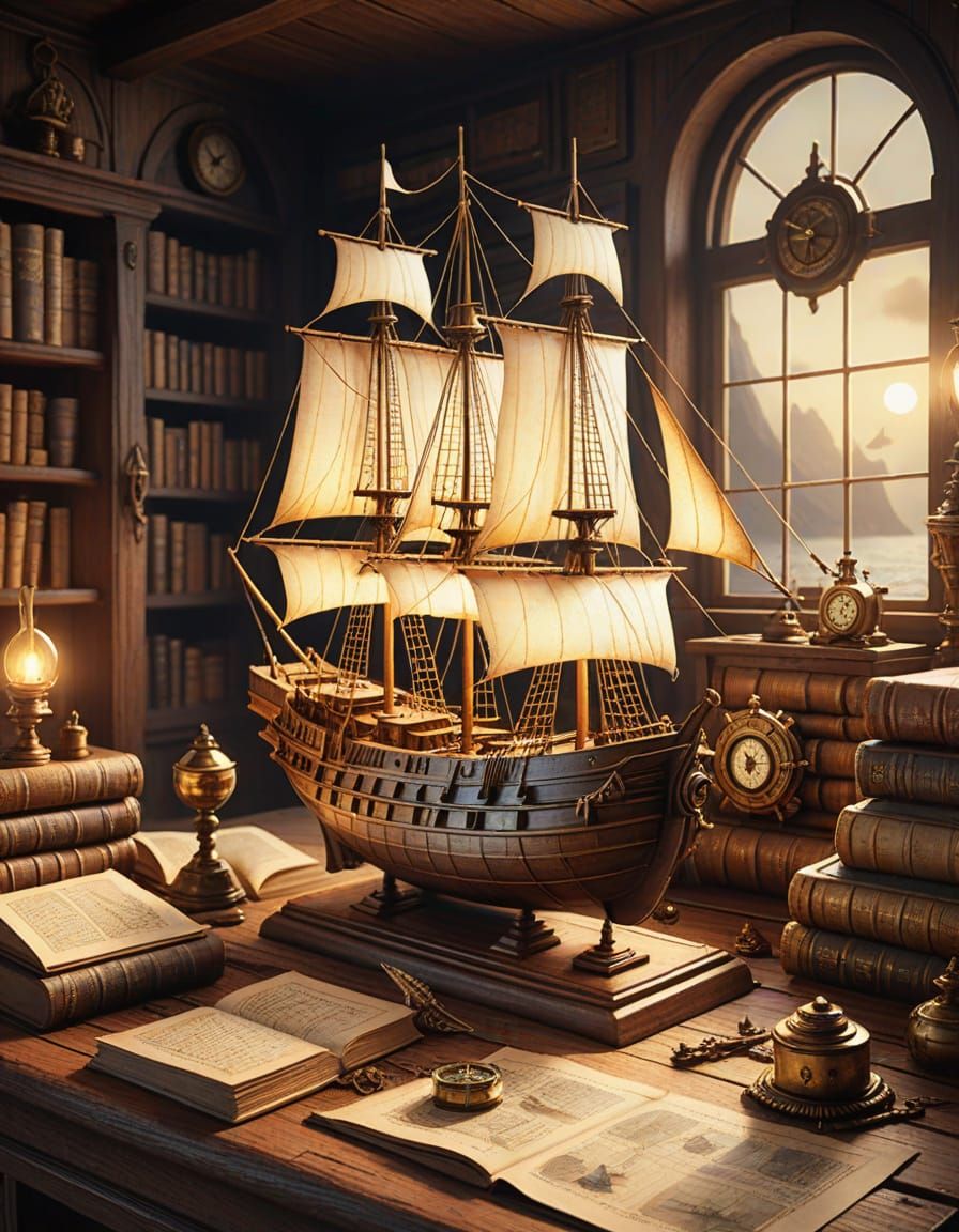 Enchanting Miniature Sailing Ship Amidst Antique Treasures