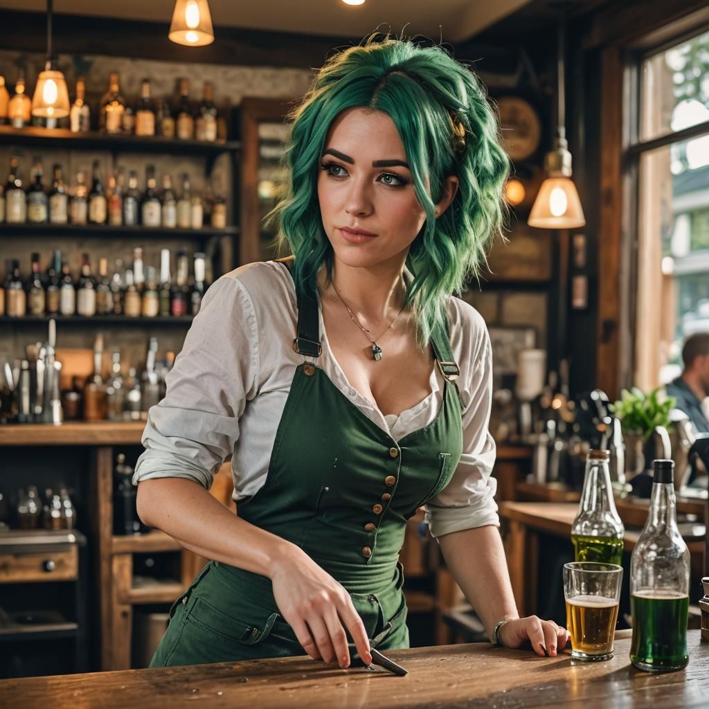 Green-Haired Woman in Pub: Professional Photo