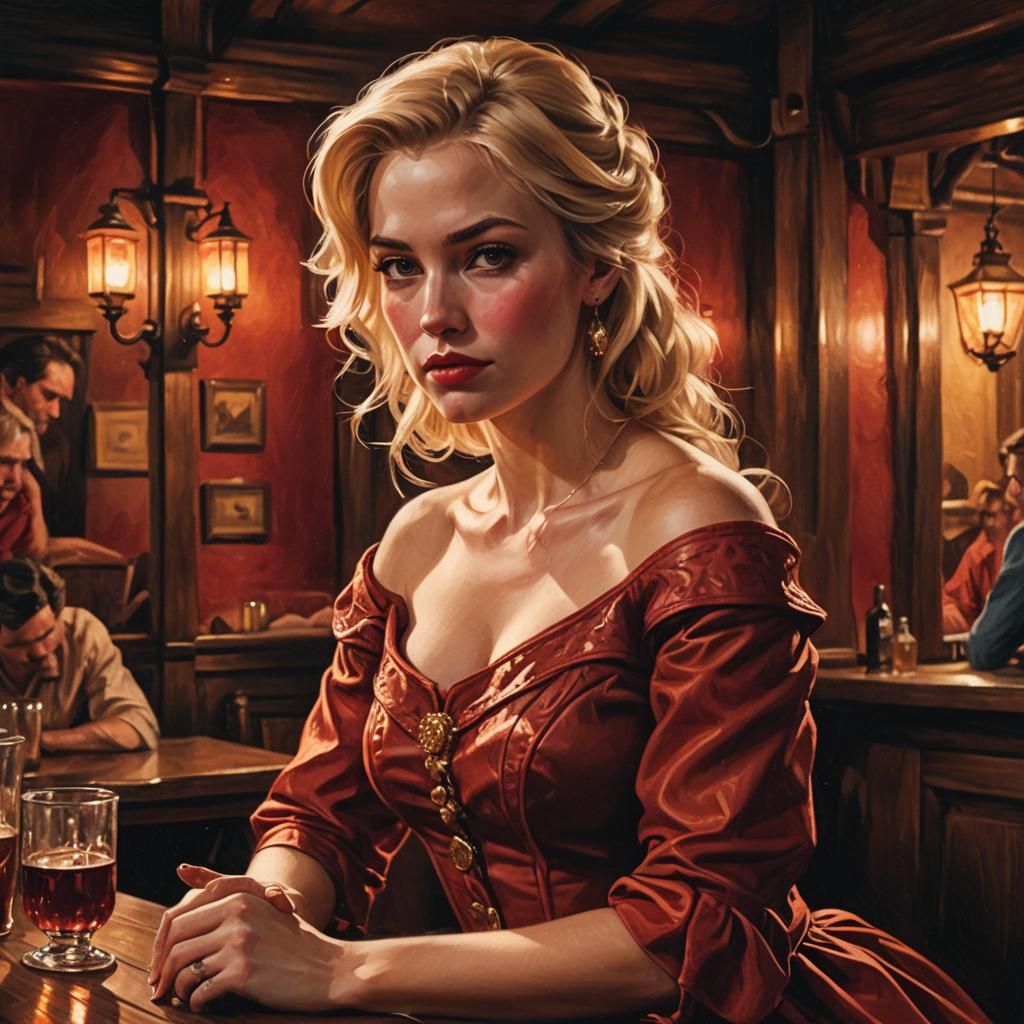 Saloon Girl in Red Dress, Moody Oil Painting