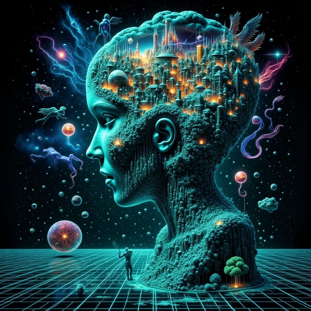 Surreal Digital Dreamscape with Floating Head and Entities