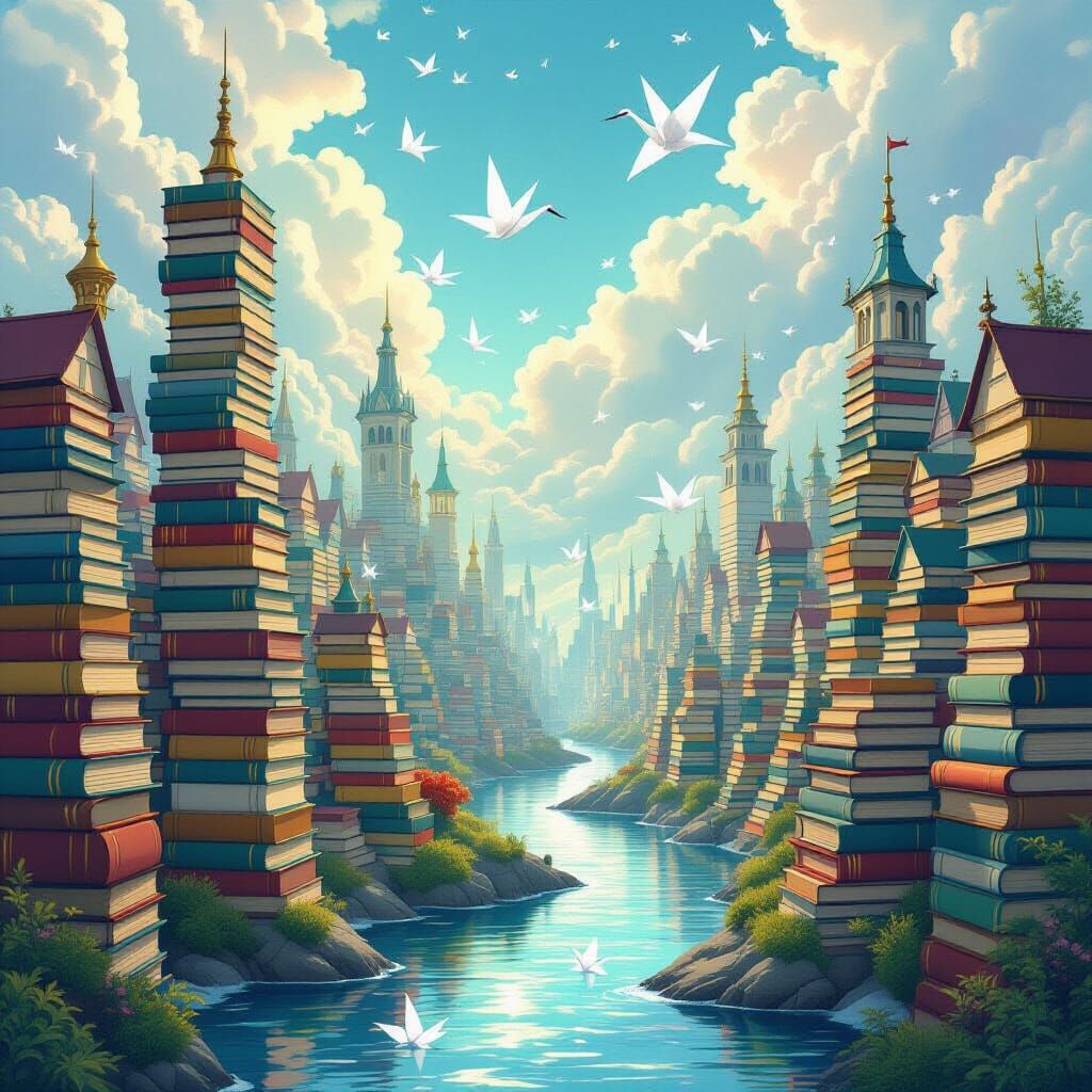 Dreamlike Cityscape of Book Buildings and Ink Rivers