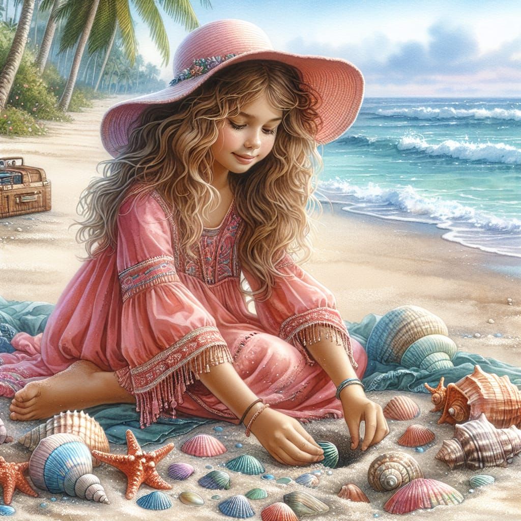 Girl on Beach with Seashells, Watercolor Style