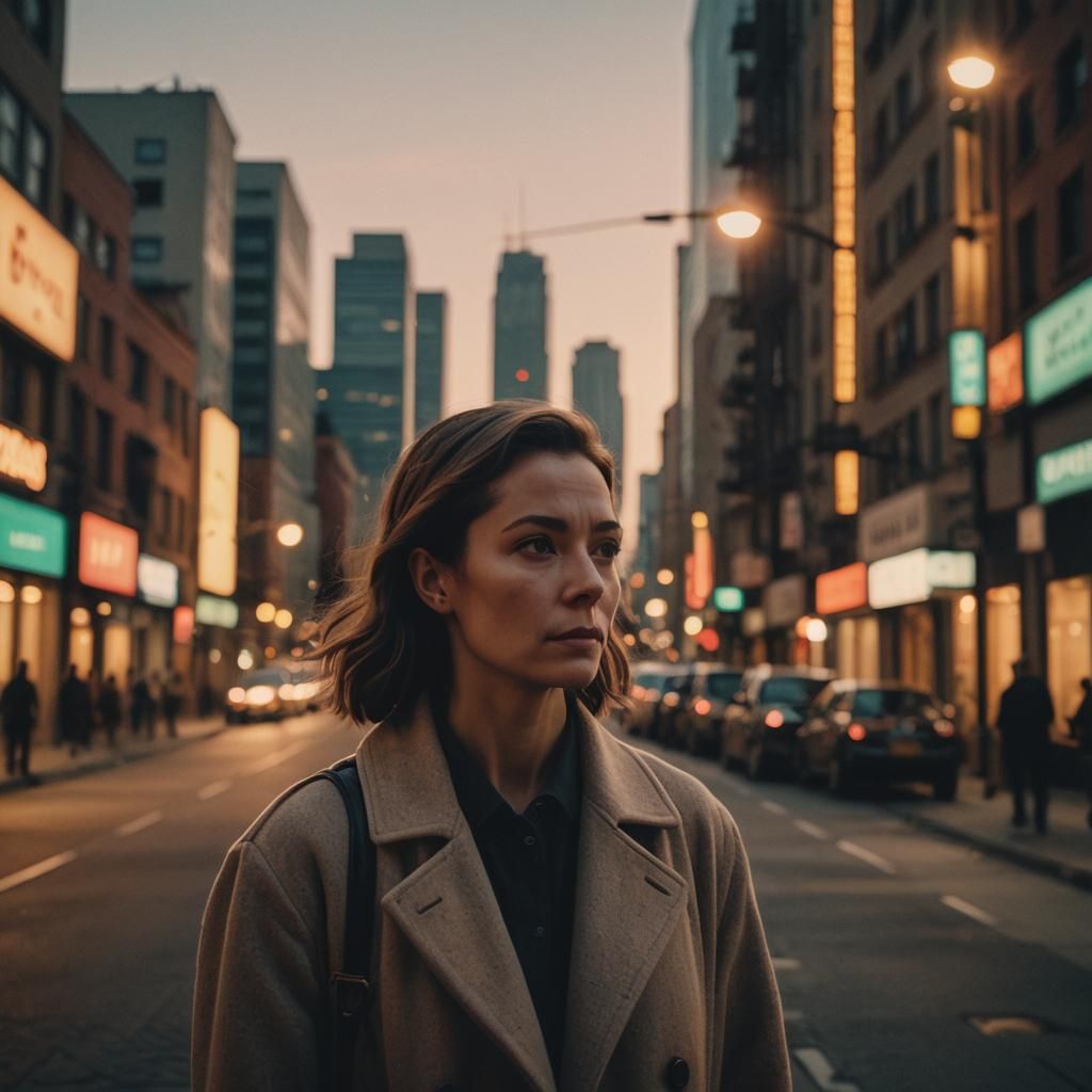 Confident Woman in Cityscape at Dusk: Cinematic Film