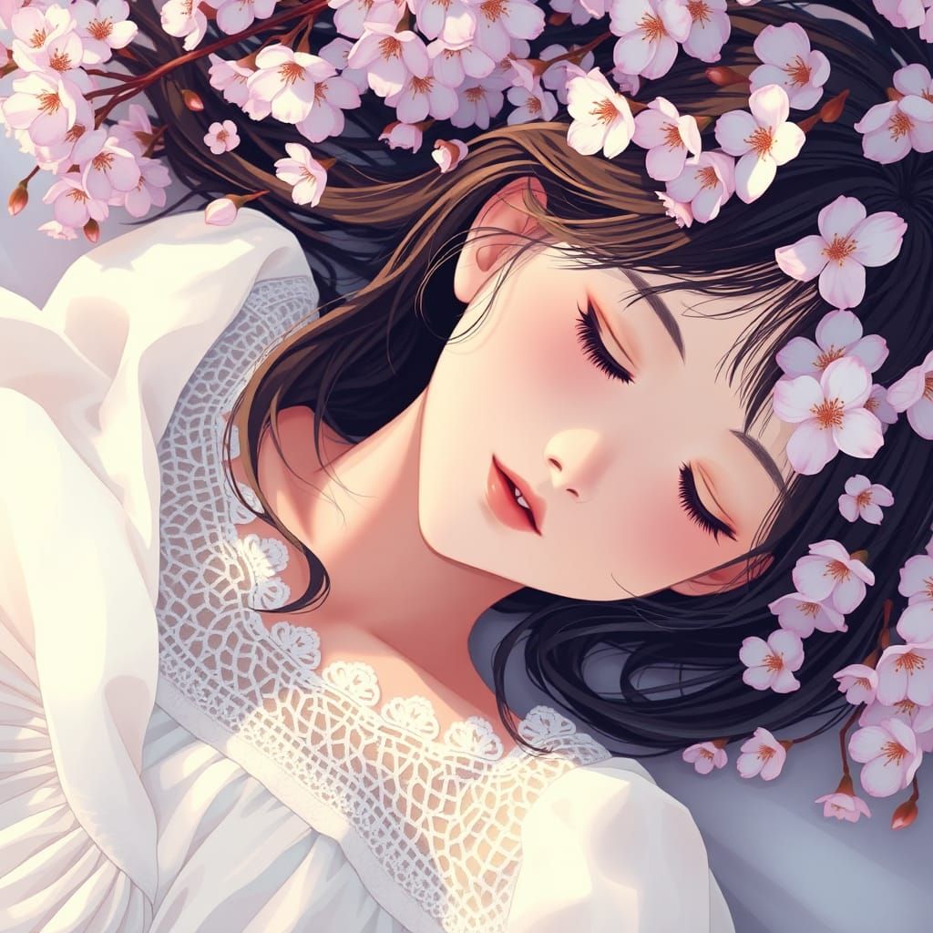 Girl Asleep in Cherry Blossoms, Manga Style