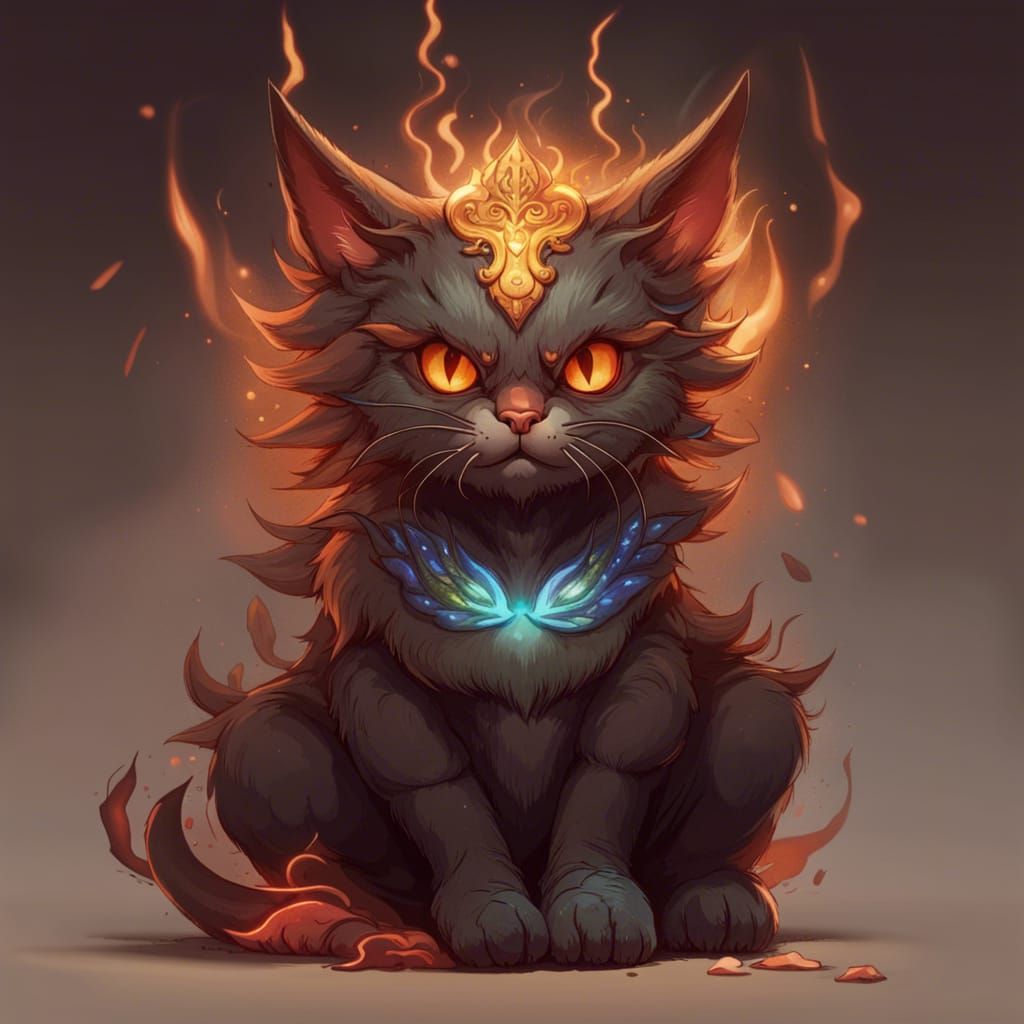 Fiery Cute Demon Cat in Fantasy Art