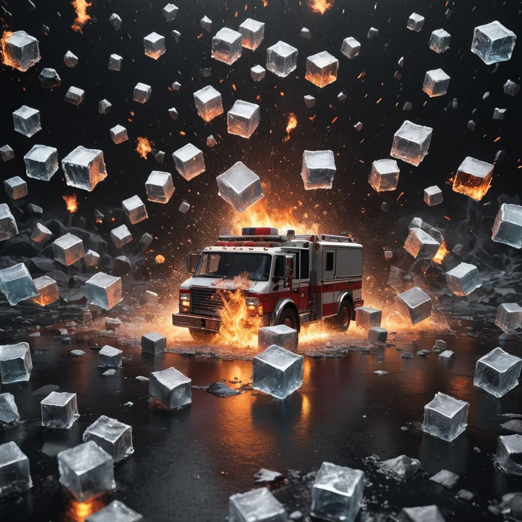 Ice Cube Explosion with Firetruck: Fantasy Concept Art