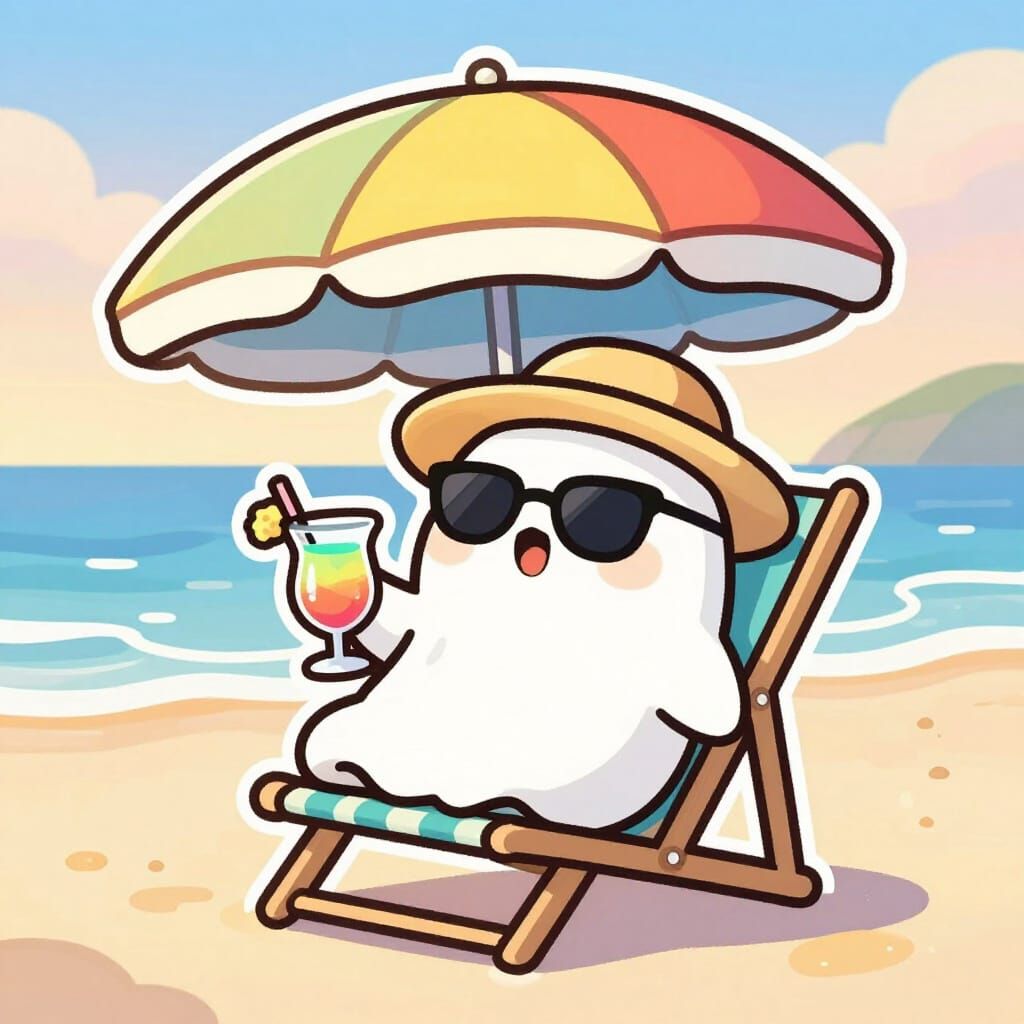 Cute Ghost Relaxing on Beach with Cocktail