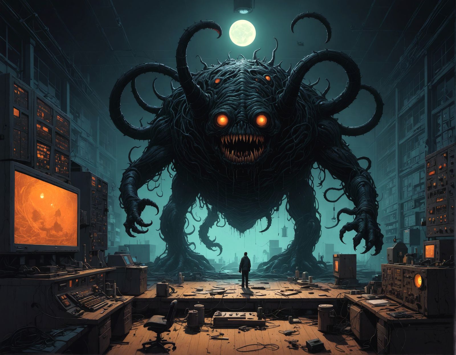 A detailed moleskin fineline ink illustration by Simon Stålenhag depicts a haunted
state of-the art laboratory where a c...