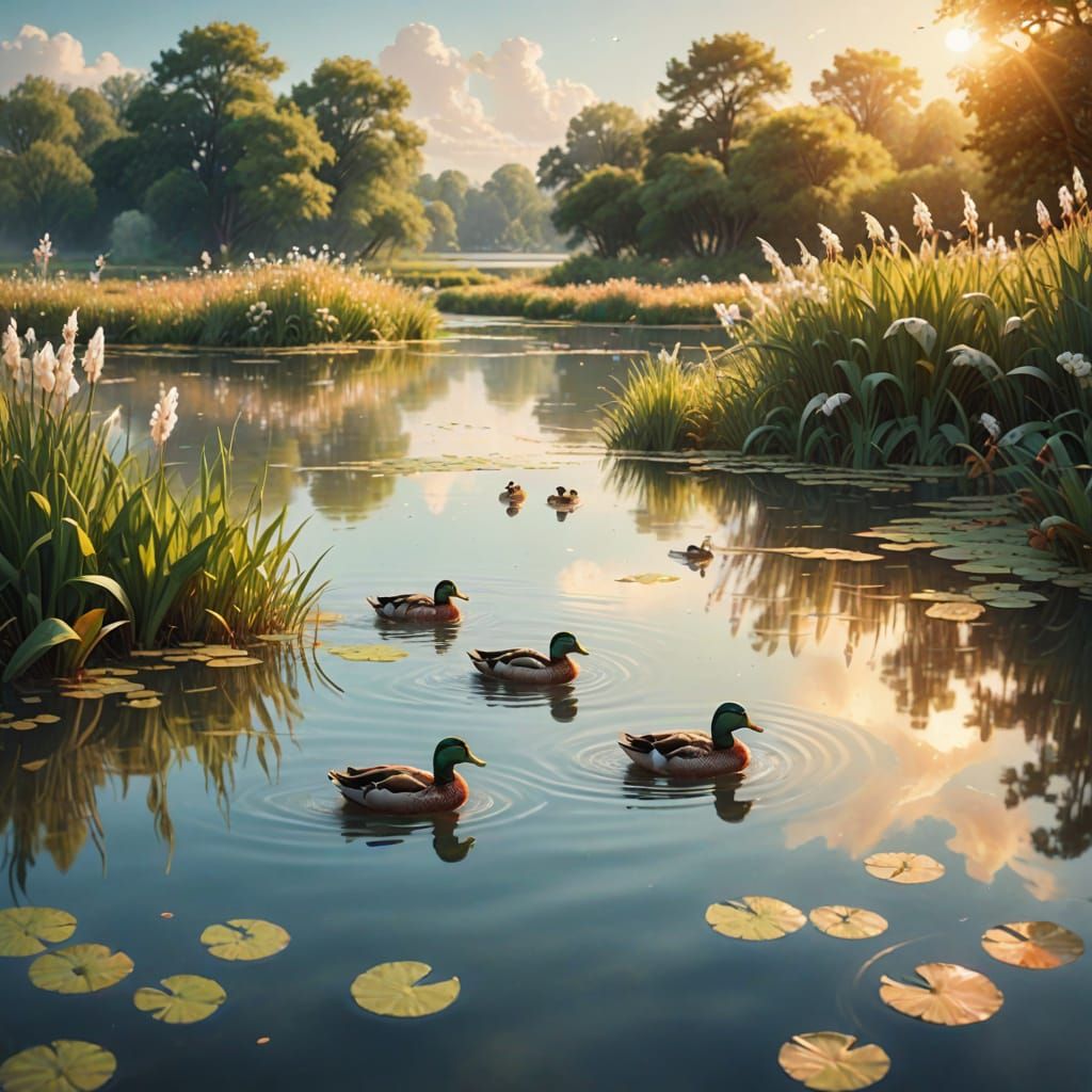 Ducks Swim in Pond: Whimsical Pastel Concept Art