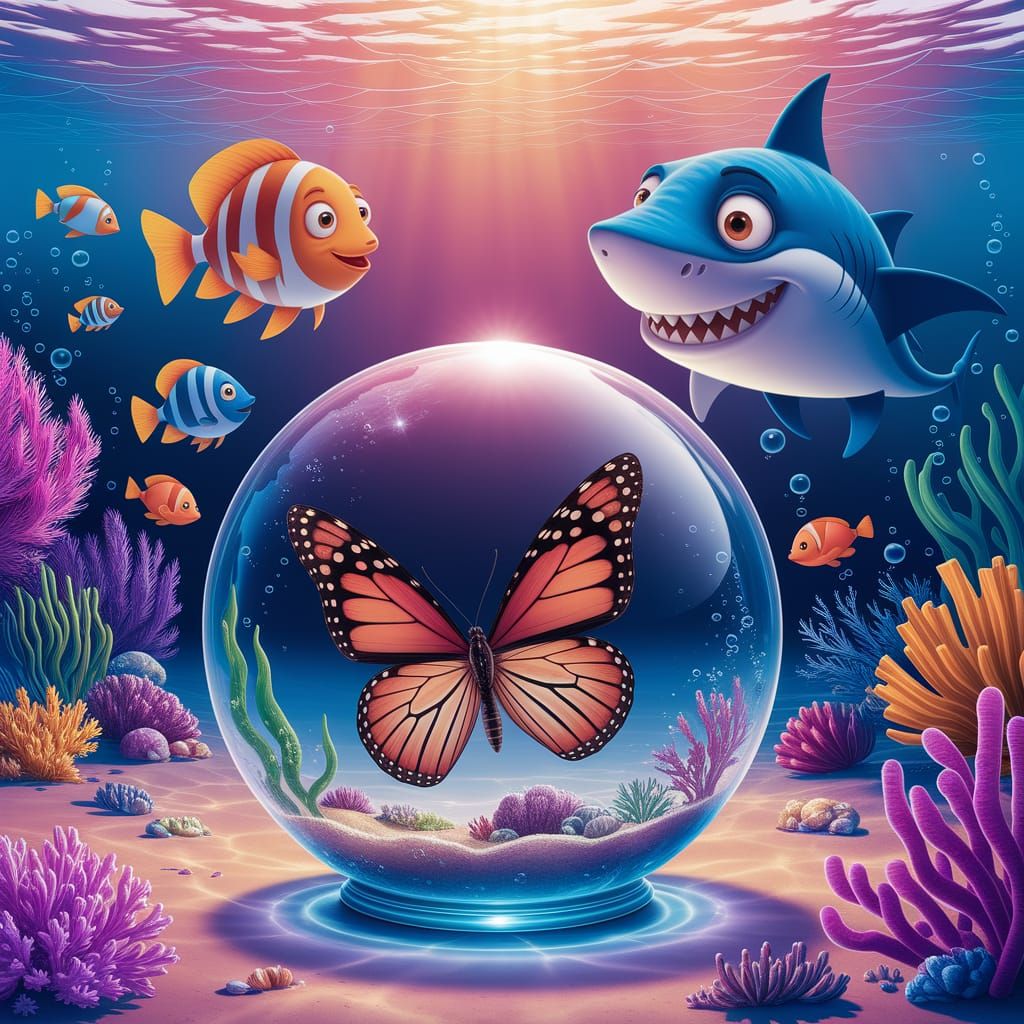 Butterfly in Glass Ball: Pixar-Style Underwater Scene