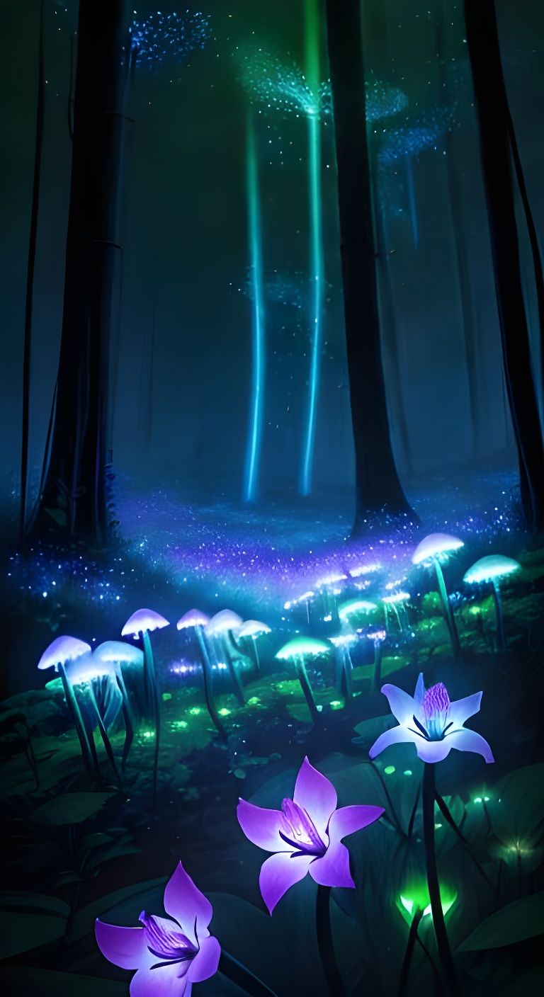 Bioluminescent Flower Wonderland with Fireflies