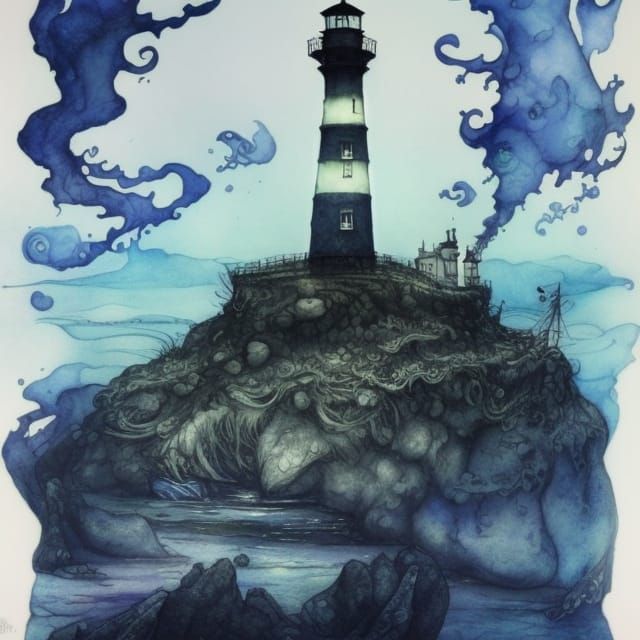 Frostpunk Lighthouse Ink Drawing in Escher Style