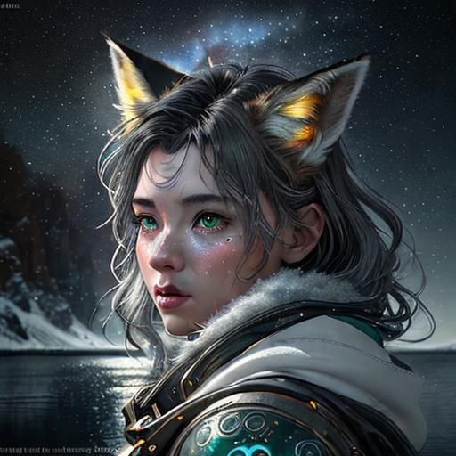 Expressionist Snowy Lake Landscape with Fox in Galaxy