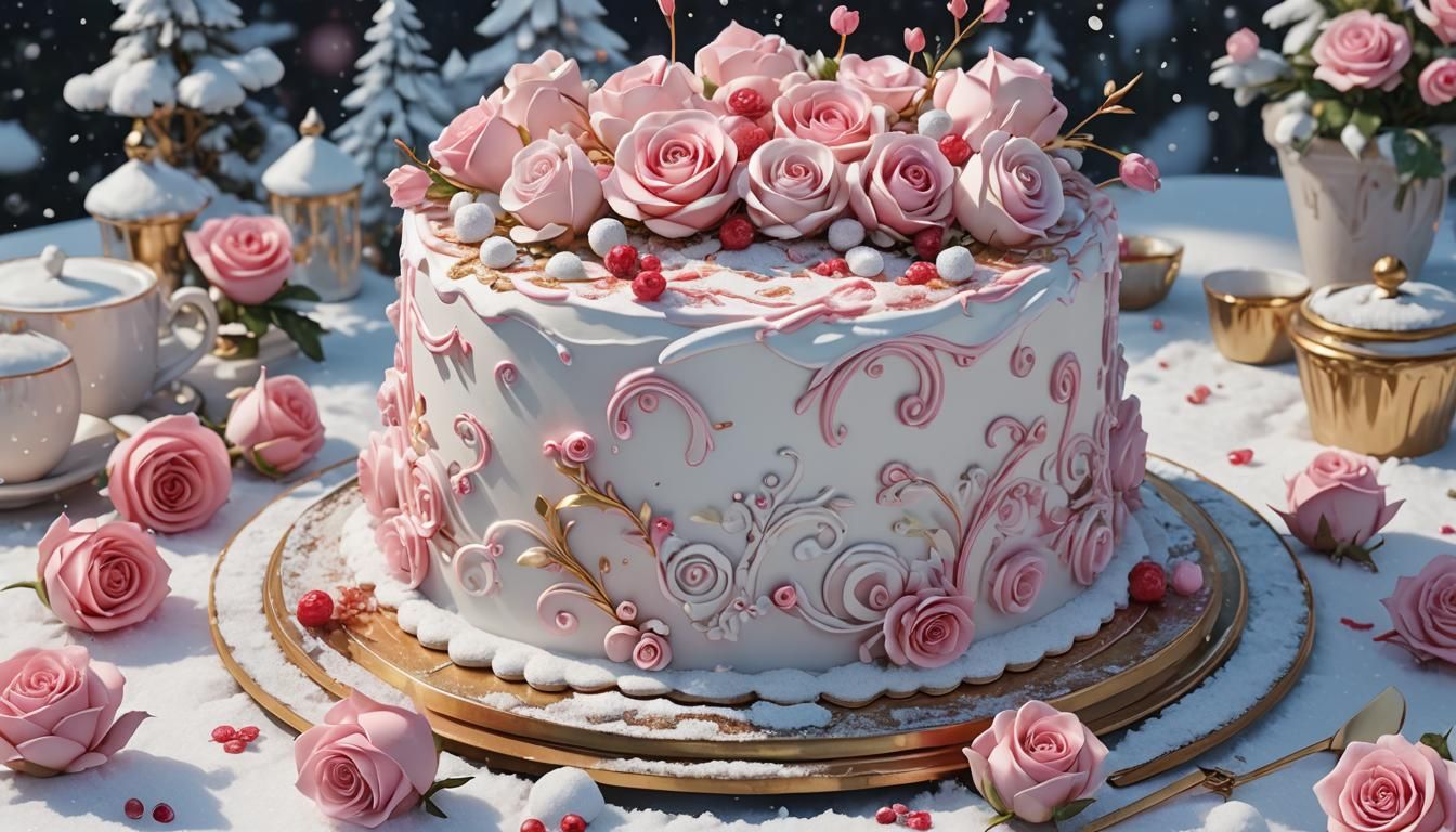 Richly Decorated Birthday Cake in Snowy Anime Style