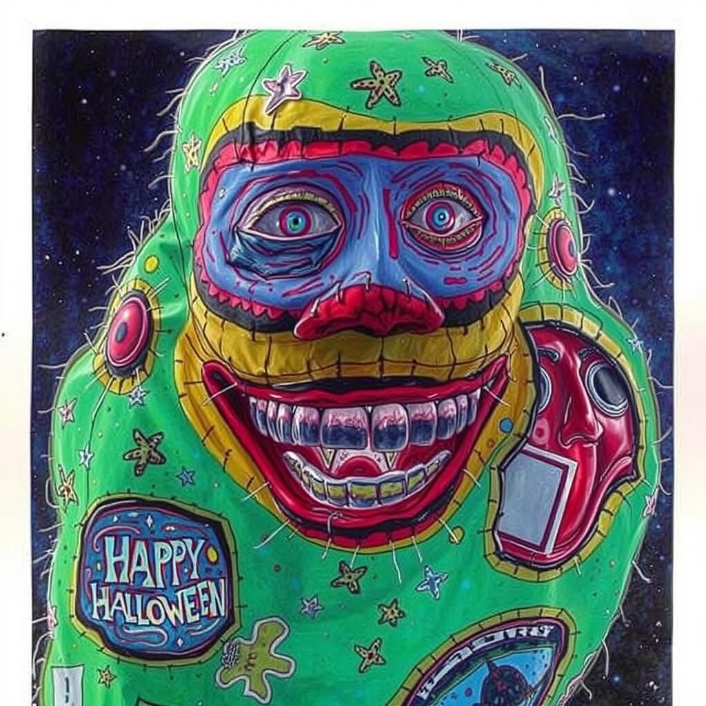 Grinning Papier Mache Mask in Surreal Psychedelic Sky