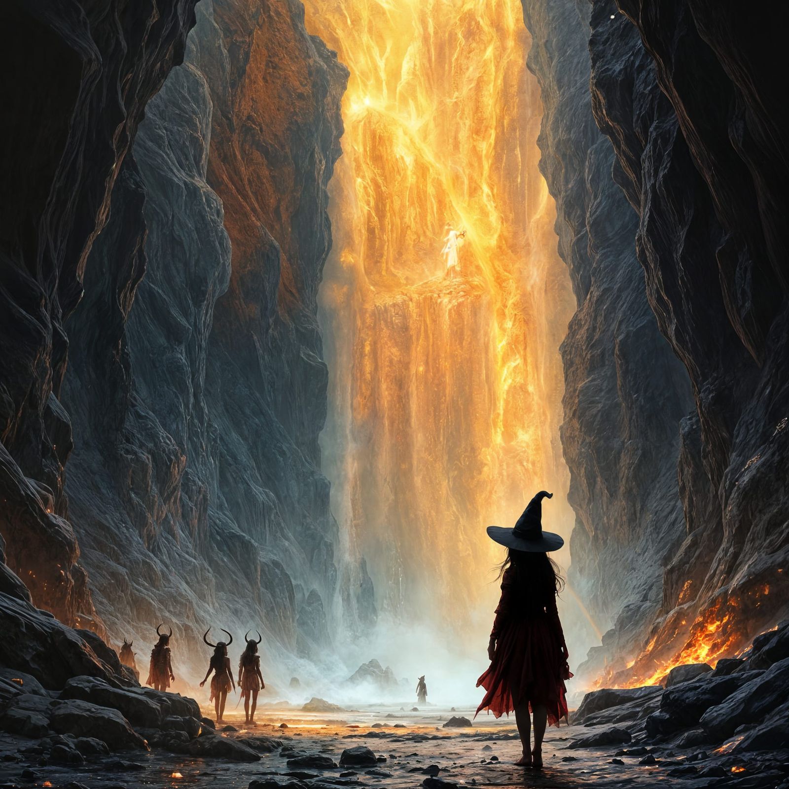 Witch at Hell Waterfall: Fantasy Illustration