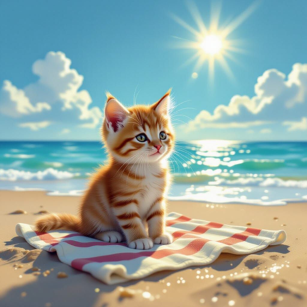 Kitten Playing on Beach Towel Under Golden Hour Sun