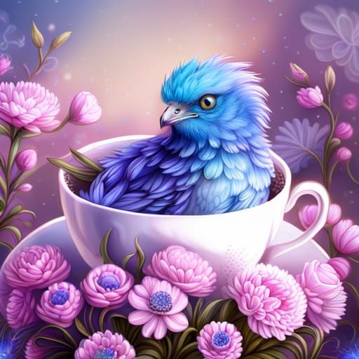 Blue Bird in Teacup with Fractal Flowers